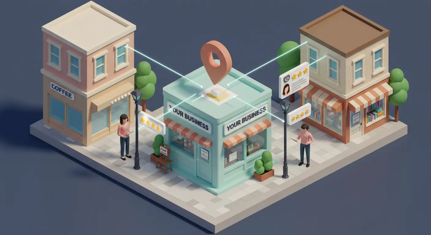 Ecosistema completo de marketing digital para negocios locales mostrando estrategias de SEO, redes sociales y reputación online