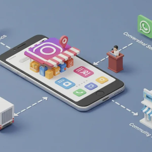 Ecosistema de e-commerce en Latinoamérica, mostrando la conexión entre social commerce, logística, WhatsApp e influencers.