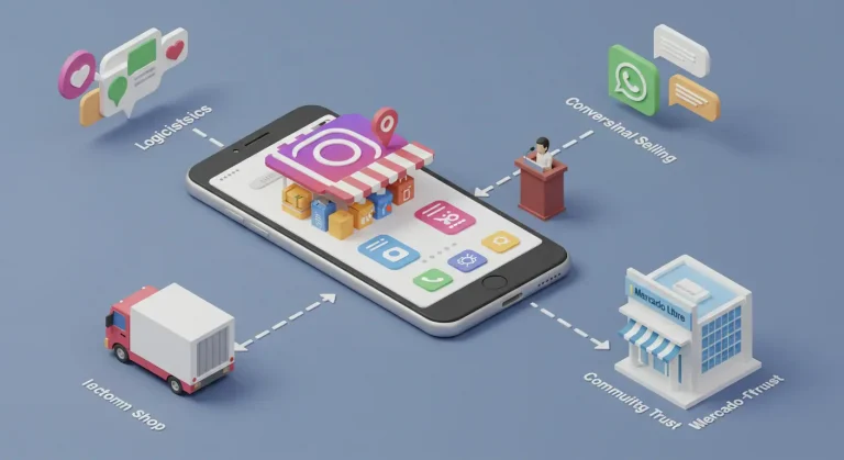 Ecosistema de e-commerce en Latinoamérica, mostrando la conexión entre social commerce, logística, WhatsApp e influencers.