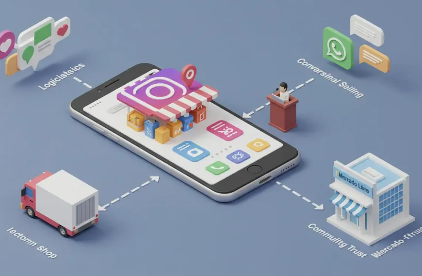 Ecosistema de e-commerce en Latinoamérica, mostrando la conexión entre social commerce, logística, WhatsApp e influencers.