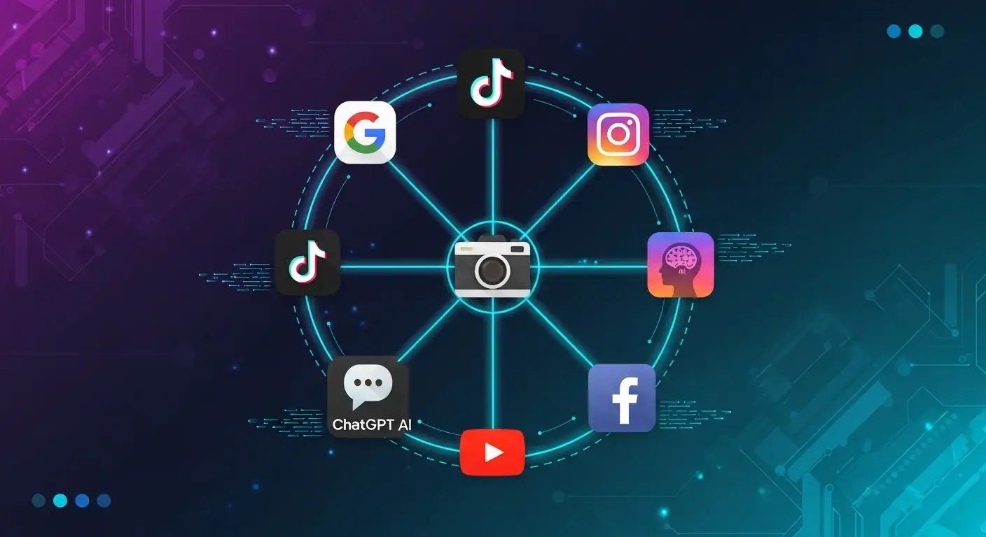 Ecosistema de visibilidad 360° mostrando la interconexión entre Google, redes sociales, IA y plataformas de video para marketing digital