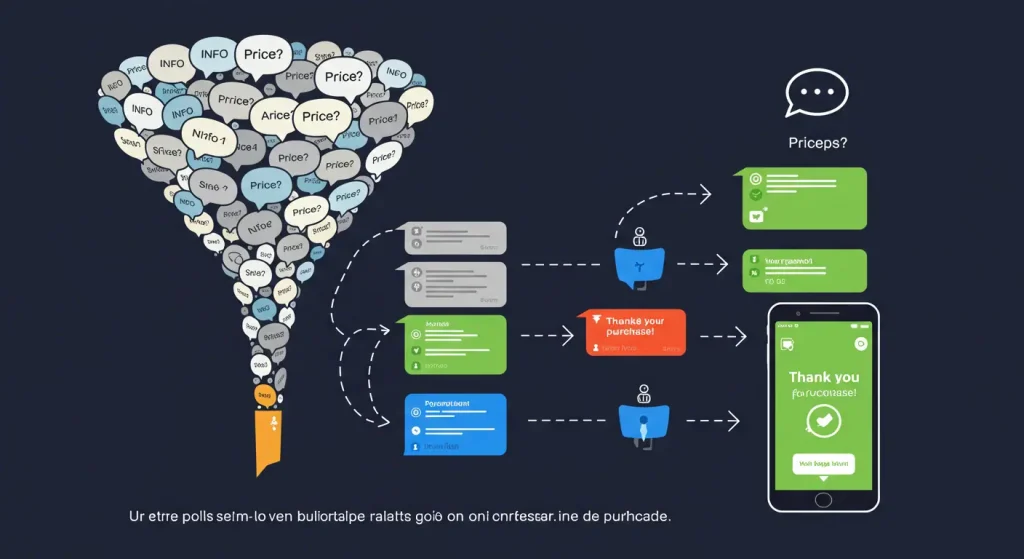 Diagrama de un embudo de ventas conversacional en WhatsApp, mostrando el viaje desde la solicitud de información hasta la compra.