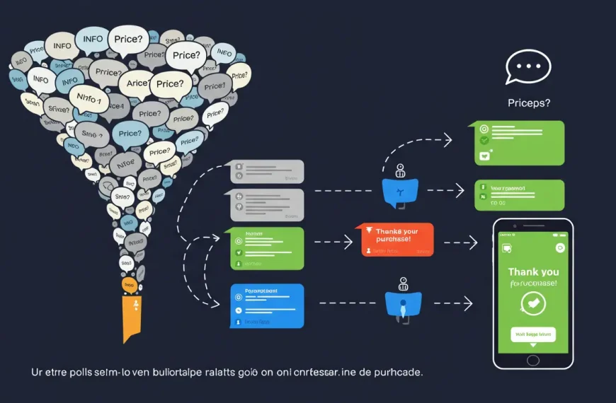 Diagrama de un embudo de ventas conversacional en WhatsApp, mostrando el viaje desde la solicitud de información hasta la compra.