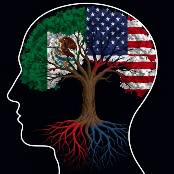 Ilustración de la fusión bicultural del consumidor hispano en USA, mostrando dos culturas que se unen en una nueva identidad.