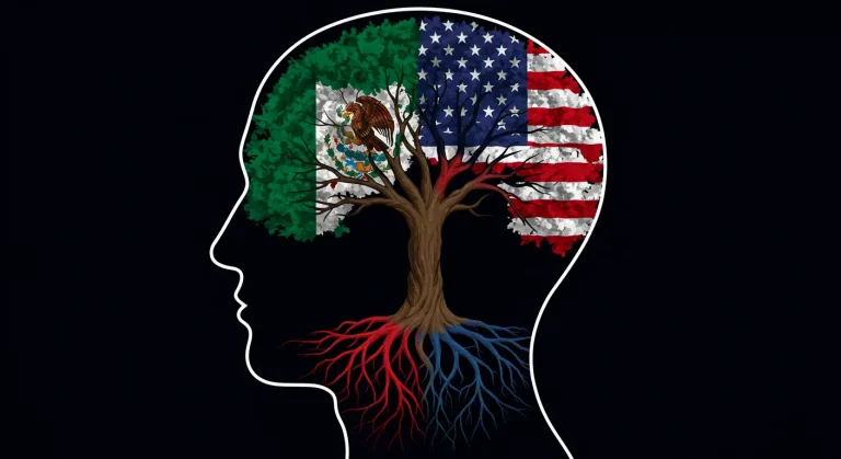 Ilustración de la fusión bicultural del consumidor hispano en USA, mostrando dos culturas que se unen en una nueva identidad.