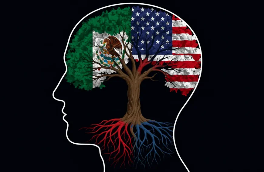 Ilustración de la fusión bicultural del consumidor hispano en USA, mostrando dos culturas que se unen en una nueva identidad.