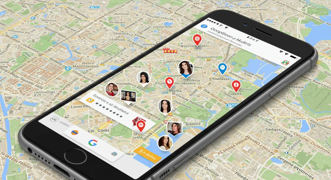 Google Business Profile para peluquerías en Madrid mostrando mapa local con reseñas y ubicaciones destacadas en el centro