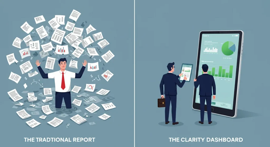 Comparación entre un informe de marketing caótico y un dashboard de claridad de 1 página que empodera la toma de decisiones.