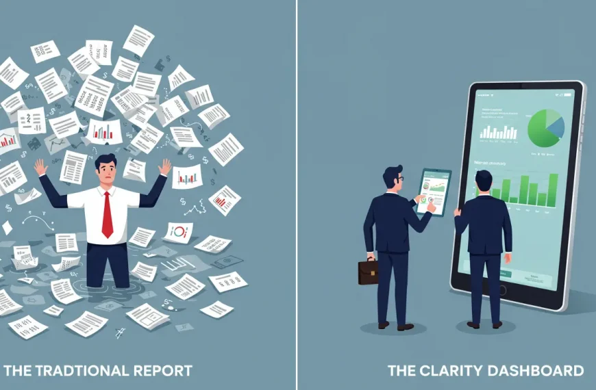 Comparación entre un informe de marketing caótico y un dashboard de claridad de 1 página que empodera la toma de decisiones.