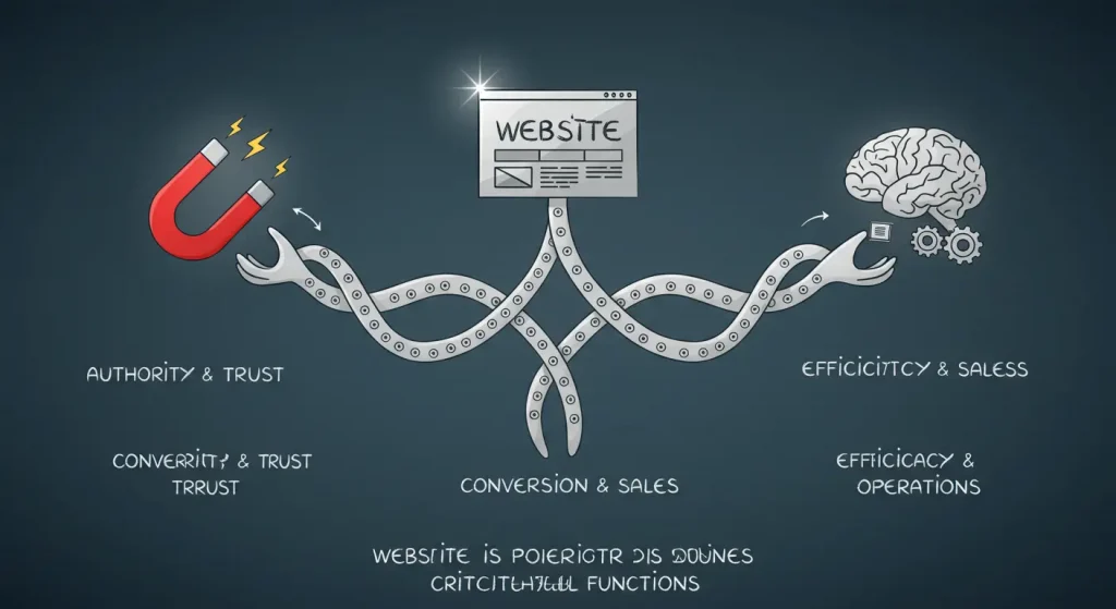 Diagrama de los 3 roles de un sitio web estratégico: imán de confianza, máquina de conversión y centro de operaciones.