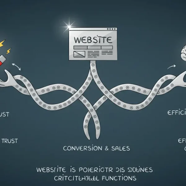 Diagrama de los 3 roles de un sitio web estratégico: imán de confianza, máquina de conversión y centro de operaciones.
