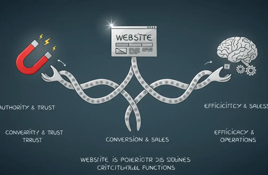 Diagrama de los 3 roles de un sitio web estratégico: imán de confianza, máquina de conversión y centro de operaciones.