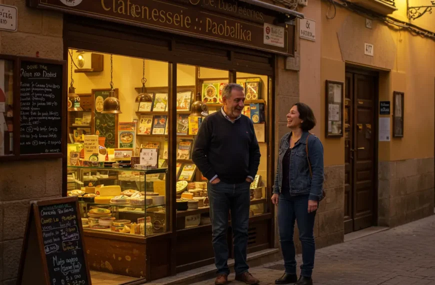 Dueño de un negocio local en España construyendo una relación de confianza con un cliente en la puerta de su tienda.