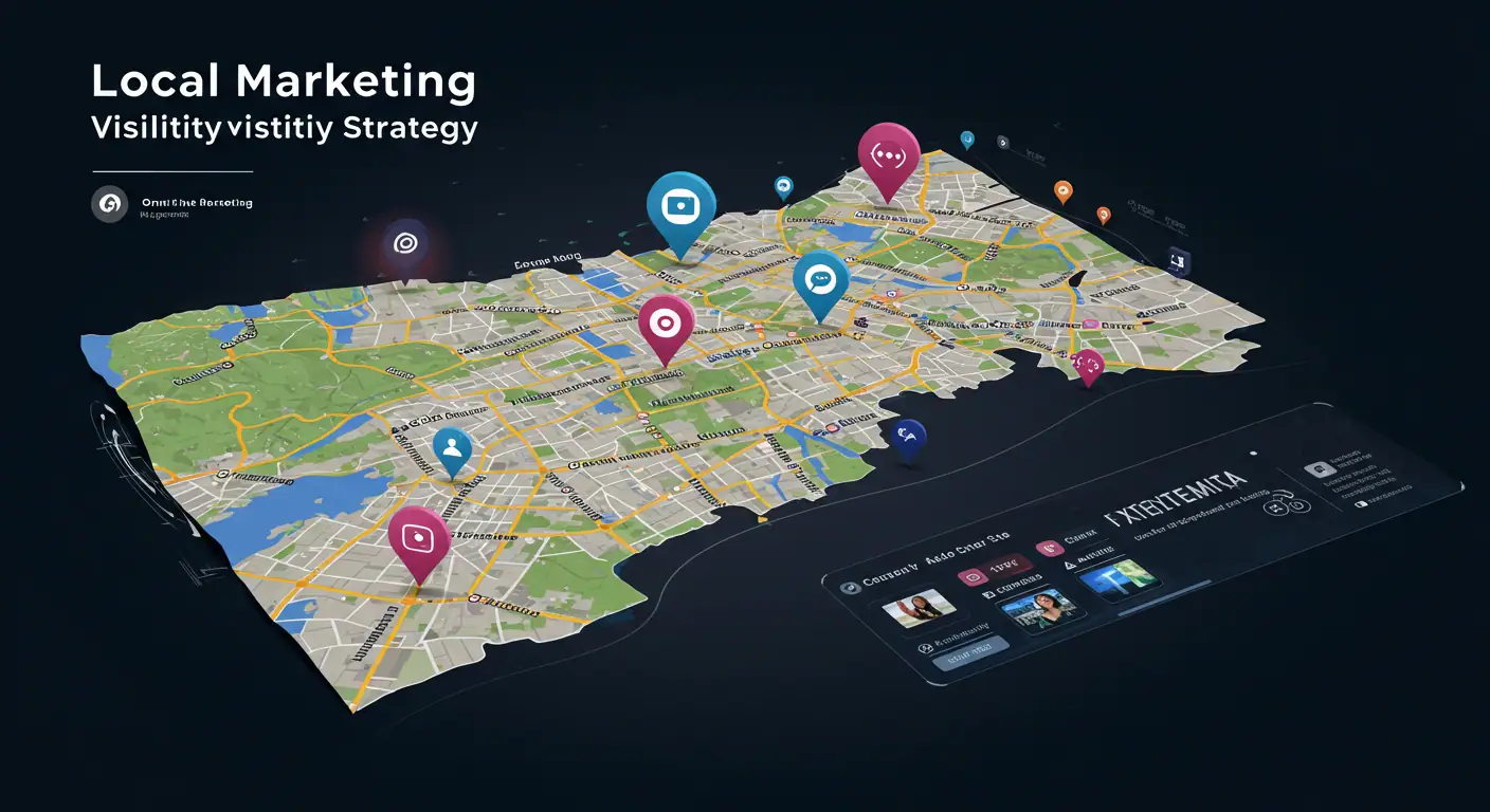 Mapa conceptual de estrategia de visibilidad local omni-canal integrando Google Maps, redes sociales y geomarketing