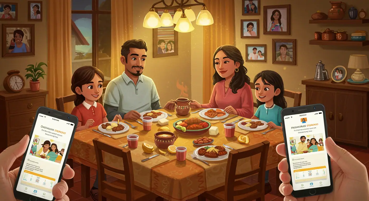 Familia hispana bicultural compartiendo tradiciones y modernidad en marketing nostálgico