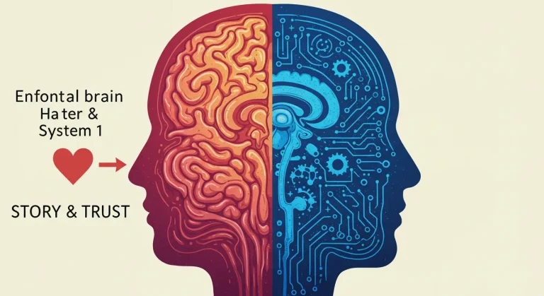 Ilustración del cerebro mostrando cómo el marketing emocional y el storytelling conectan con el centro de decisión (Sistema 1).