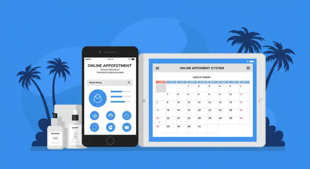 istema de citas online para salones de belleza en California mostrando interfaz móvil y calendario digital de reservas