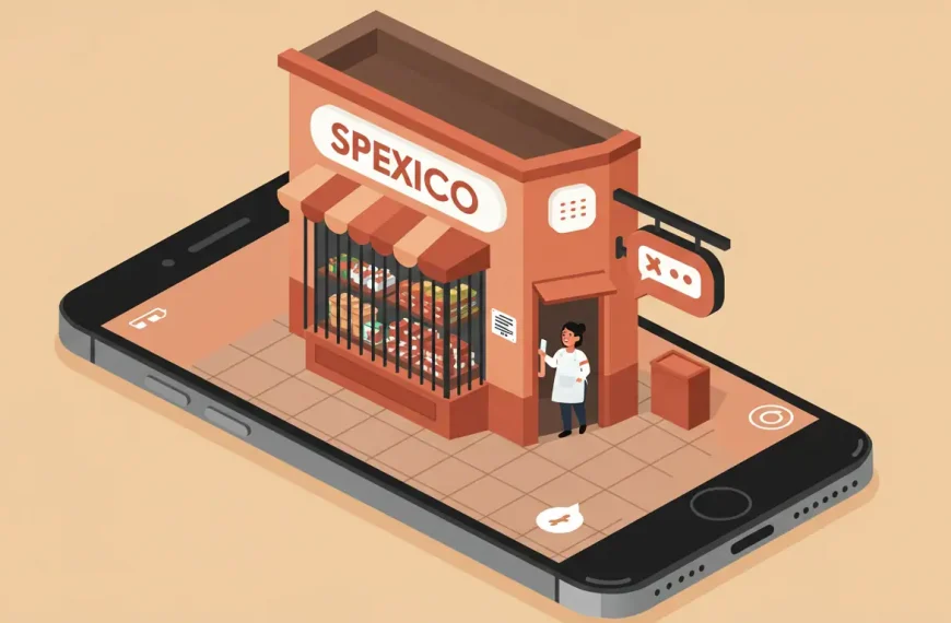 Ilustración de un smartphone como una 'tiendita de la esquina' mexicana, simbolizando el marketing conversacional y de confianza en WhatsApp.